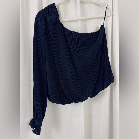Lush Ribbed Satin One Shoulder Top Navy Blue Size XL Long Sleeve Cropped… - Picture 4 of 8